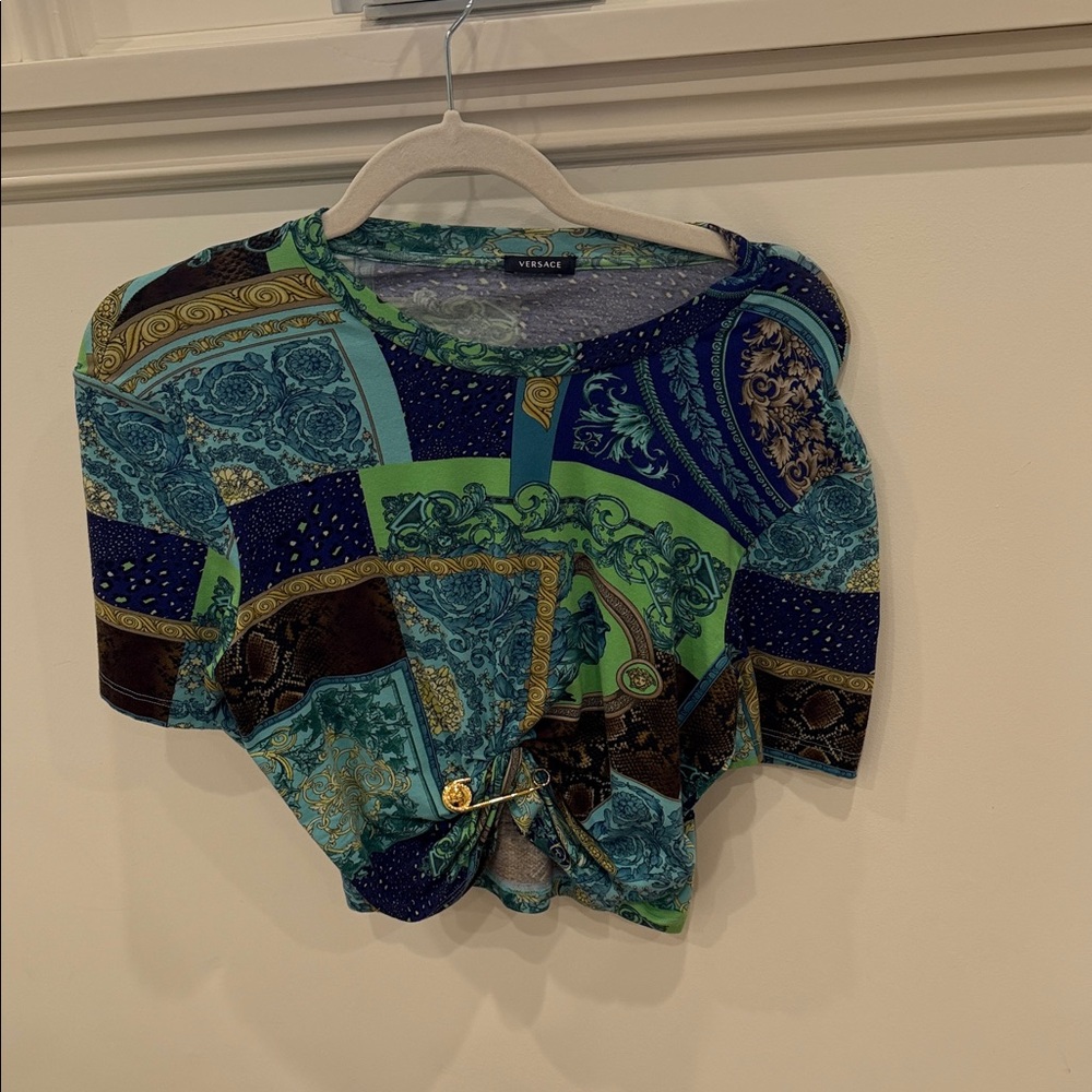 Versace Blue, Green & Gold Baroque Knot-Front Crop Top